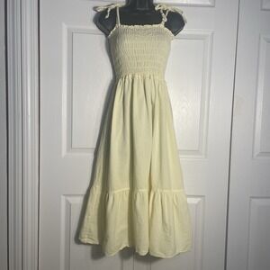 SEASPICE Resort Wear Dress Women's M Yellow Cotton Tie Shoulder Smocked Cotton